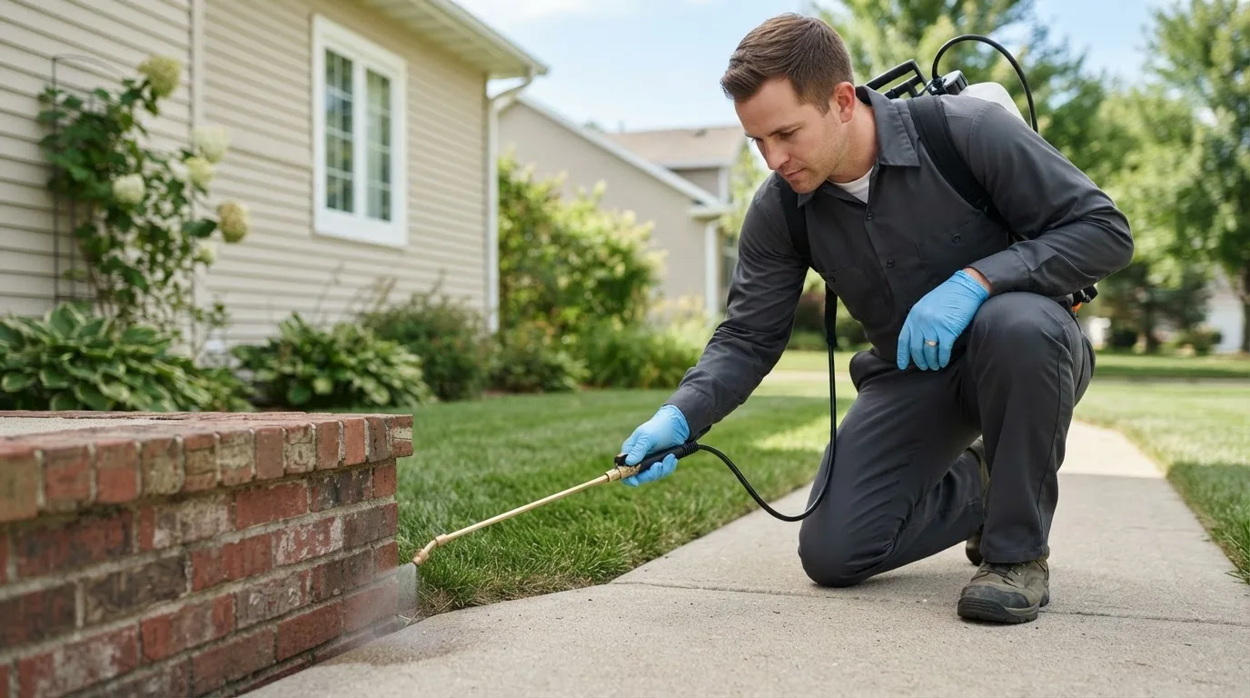 Pest control technician treating a home near Chauncey, OH