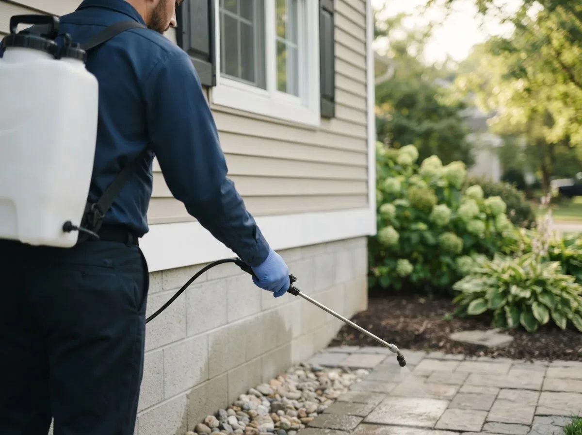 Pest control technician inspecting a home in Chauncey, OH